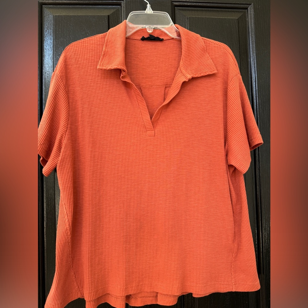 Women’s collared short 
sleeve blouse in size large in a pretty burnt orange
